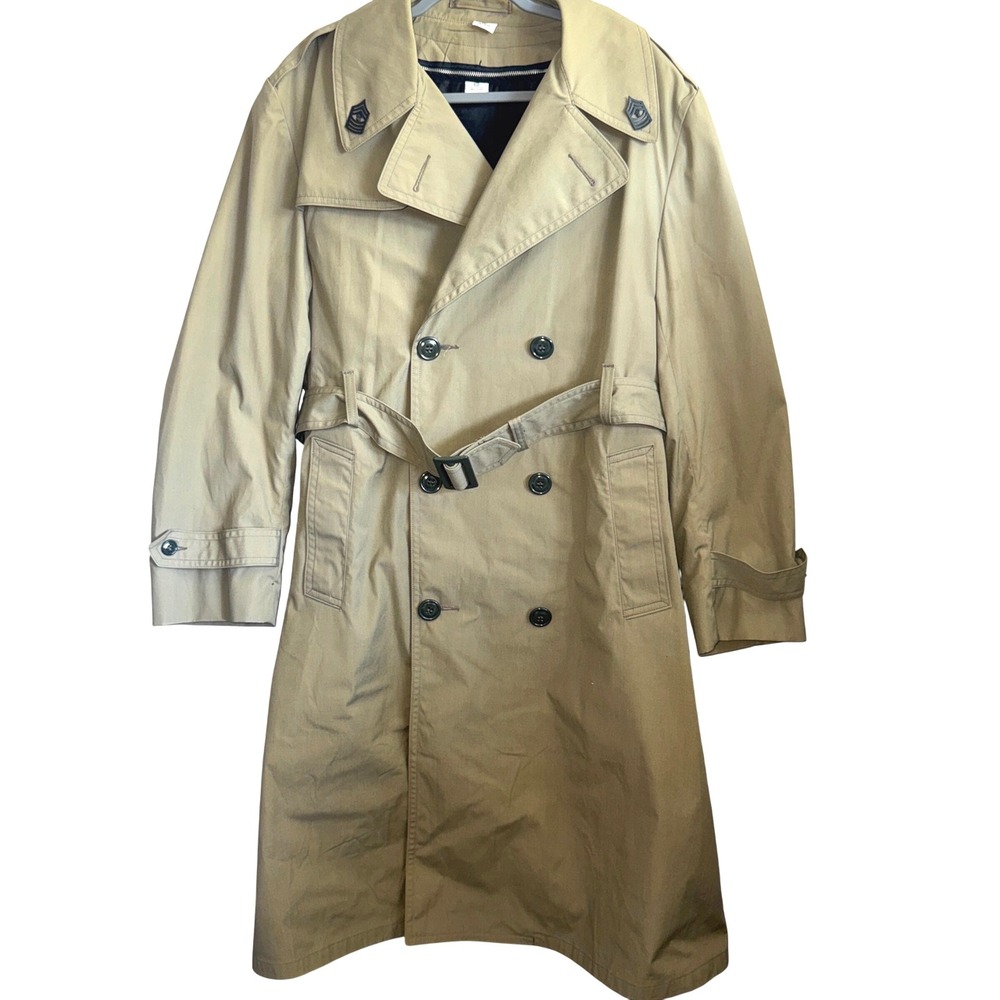 VTG Military Trench Coat Mens 40R Zip off Liner Pins Beige Double Breasted Belt